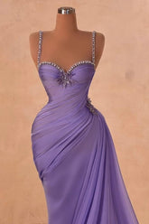 Elegant Purple Mermaid Sweetheart Spaghetti Strap Beaded Sleeveless Ruffle Chiffon Evening Dresses